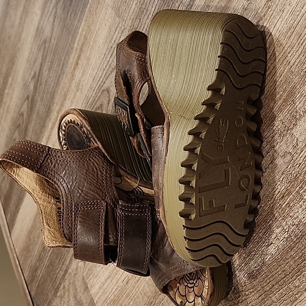 Fly London Brown Leather Wedge Sandals - Picture 3 of 6